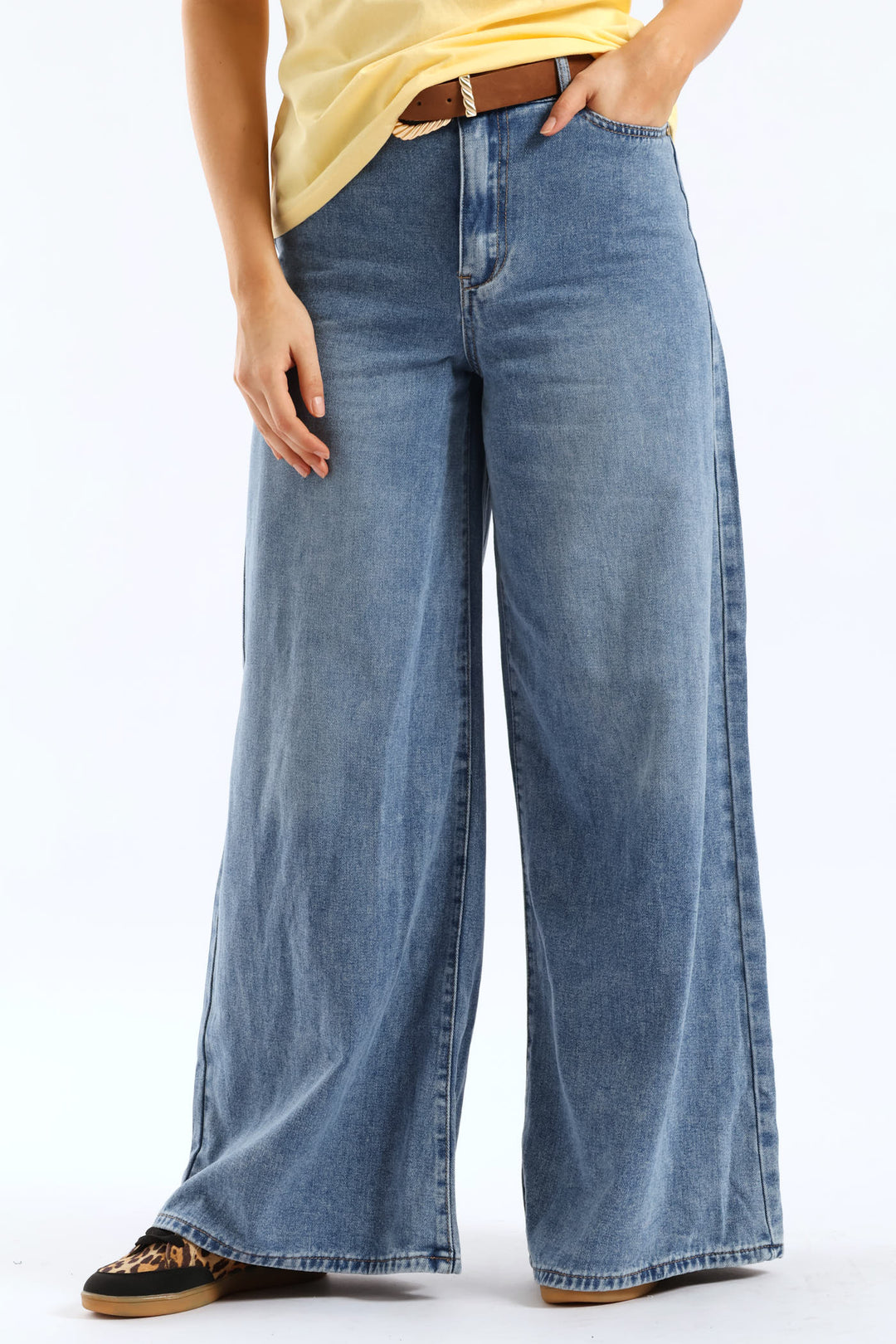 High Rise Belted Palazzo Denim - Mid Wash