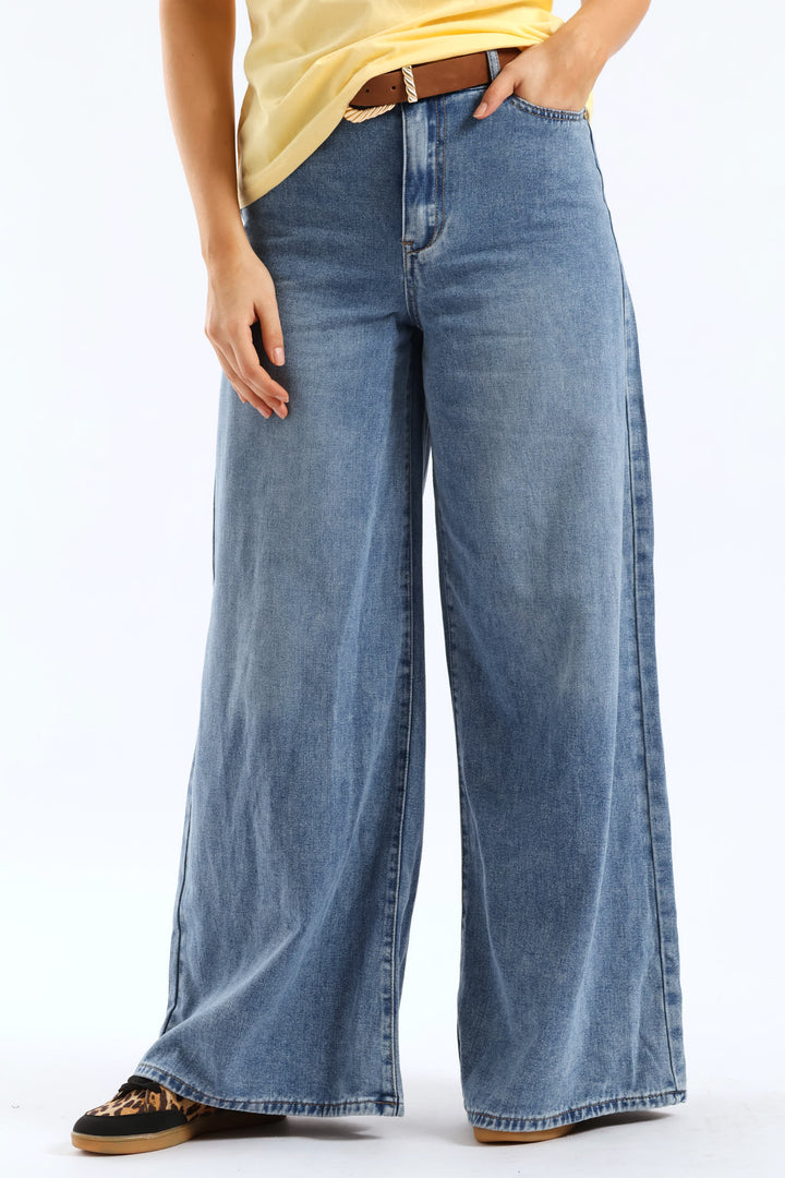 High Rise Belted Palazzo Denim - Mid Wash