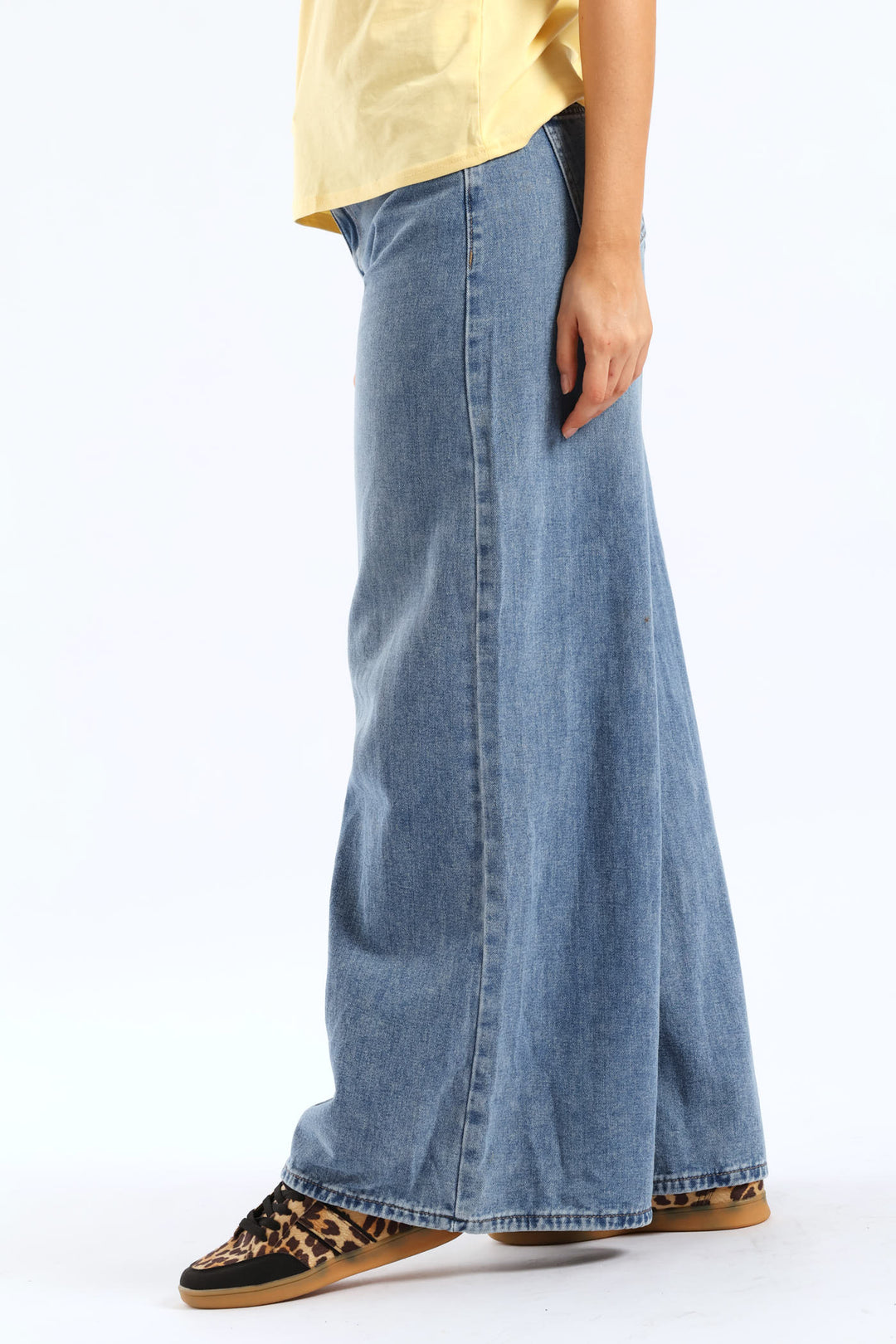 High Rise Belted Palazzo Denim - Mid Wash