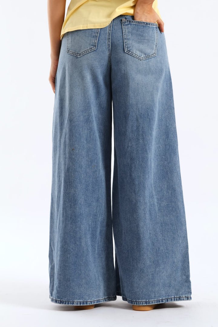 High Rise Belted Palazzo Denim - Mid Wash
