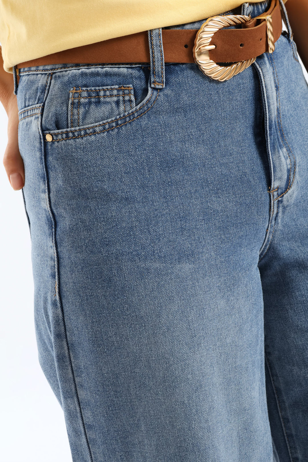 High Rise Belted Palazzo Denim - Mid Wash