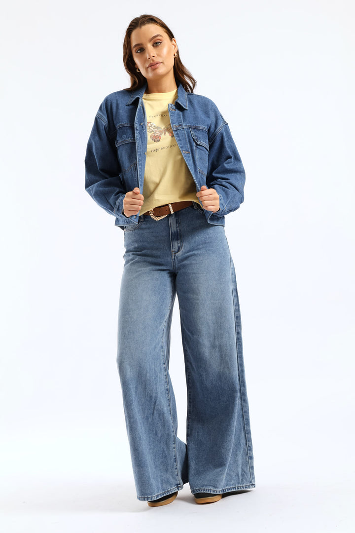 Panelled Denim Trucker Jacket - Medium Wash