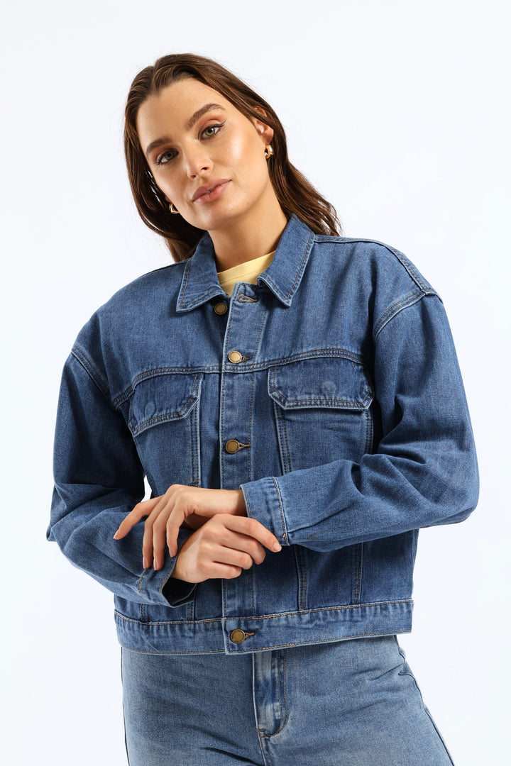 Panelled Denim Trucker Jacket - Medium Wash