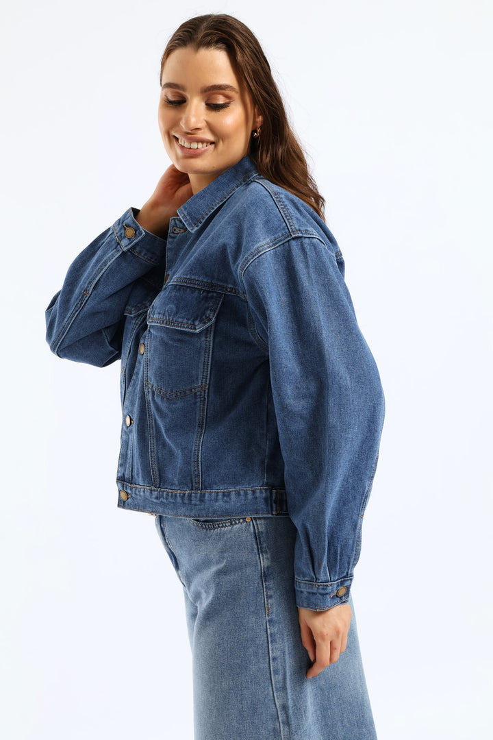 Panelled Denim Trucker Jacket - Medium Wash