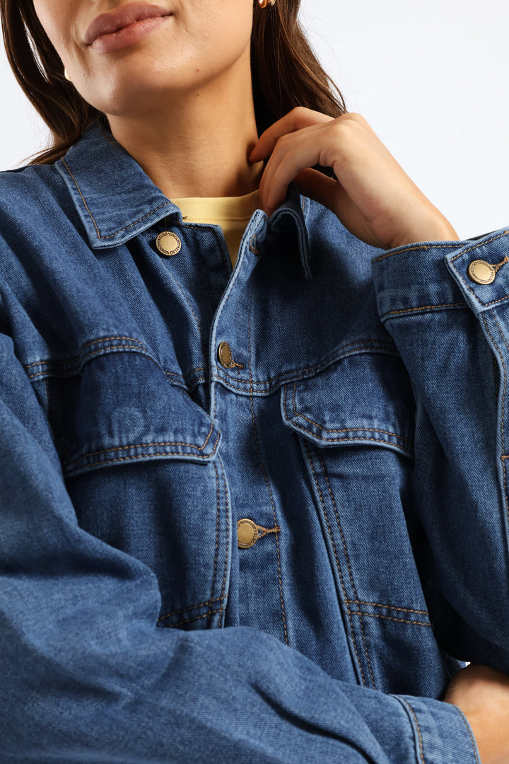 Panelled Denim Trucker Jacket - Medium Wash