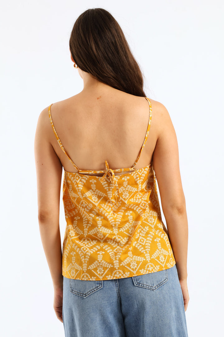 Strappy Hi-Neck Mock Embroidery Tieback Cami - Mustard/Cream