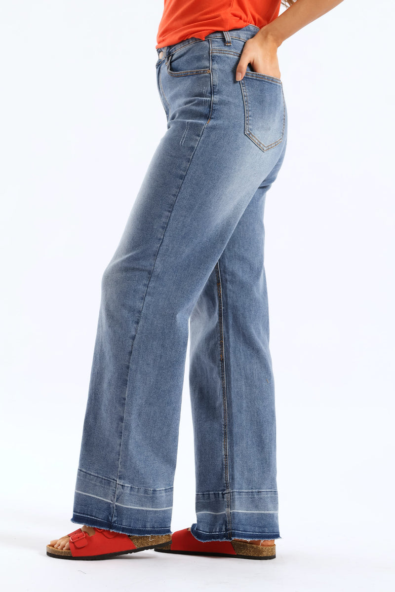 Hi-Rise Let Down Hem Wide Leg Jean - Mid Wash