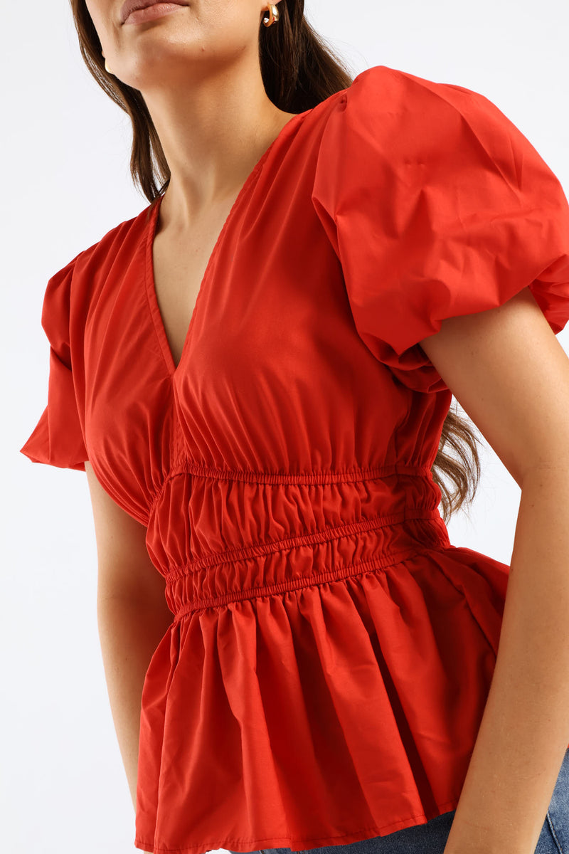 Bubble Sleeve V-Neck Peplum Blouse - Fiery Red