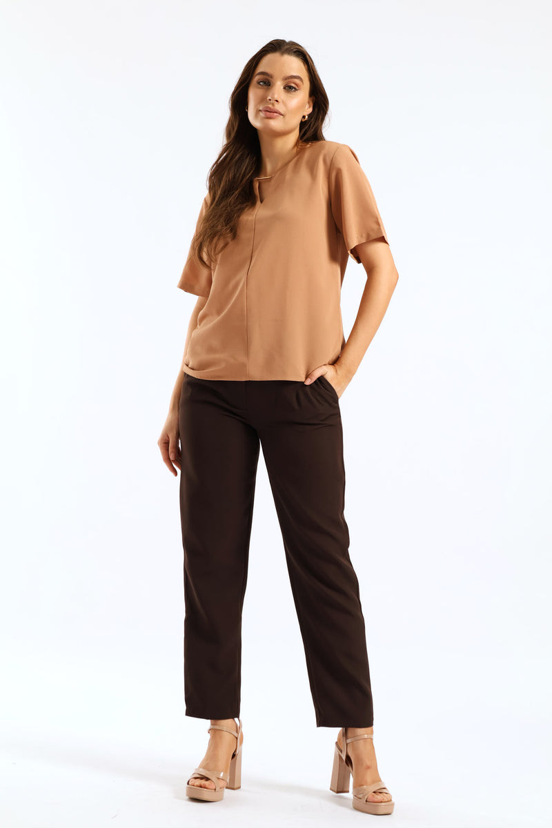 Keyhole Trim Popover Blouse - Brown