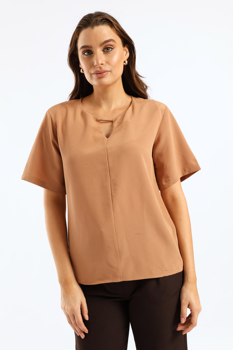 Keyhole Trim Popover Blouse - Brown