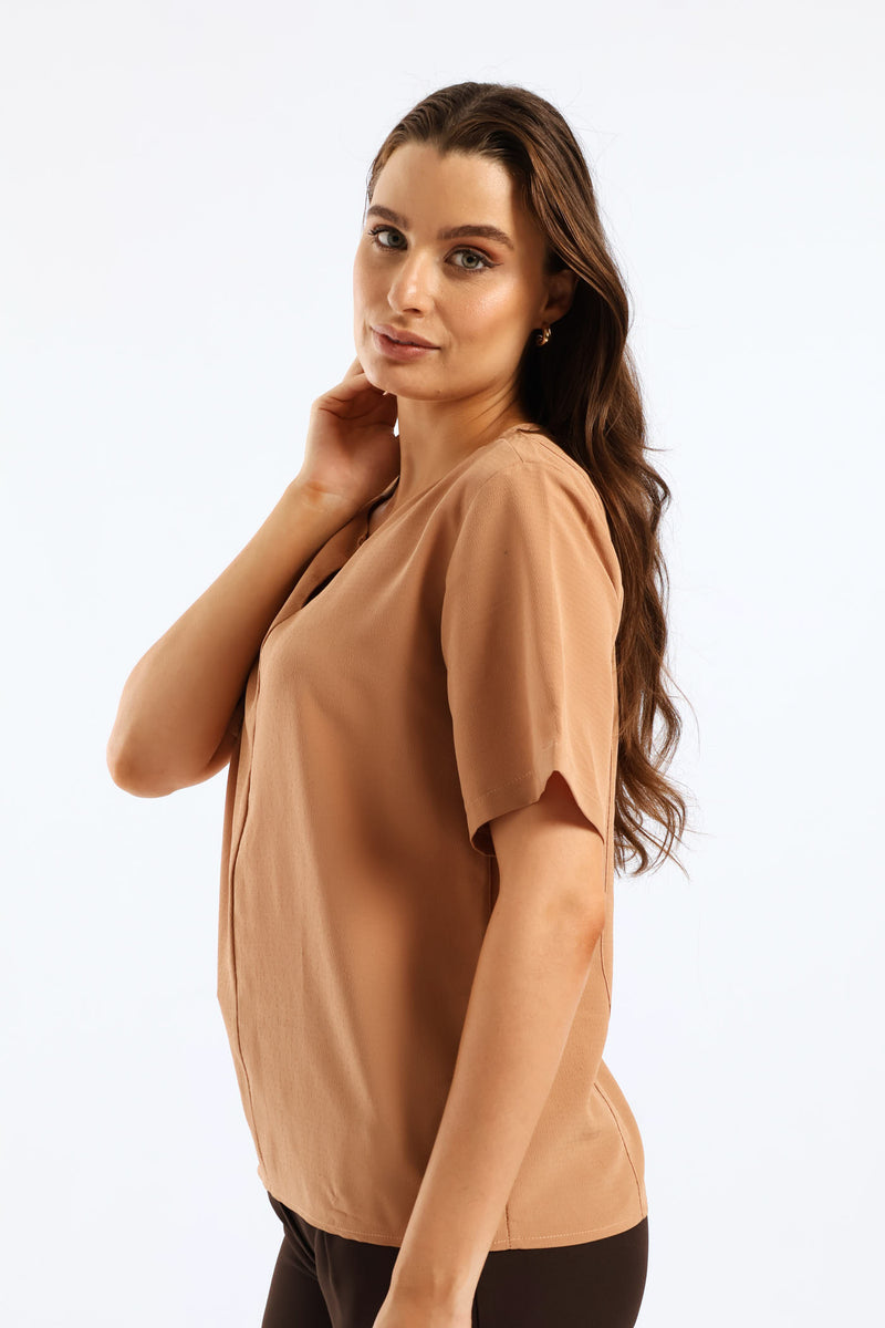 Keyhole Trim Popover Blouse - Brown