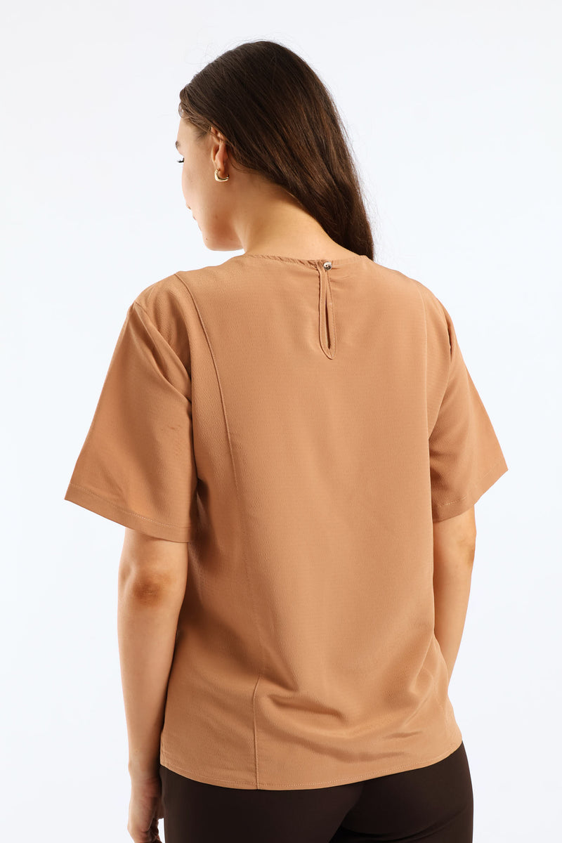 Keyhole Trim Popover Blouse - Brown