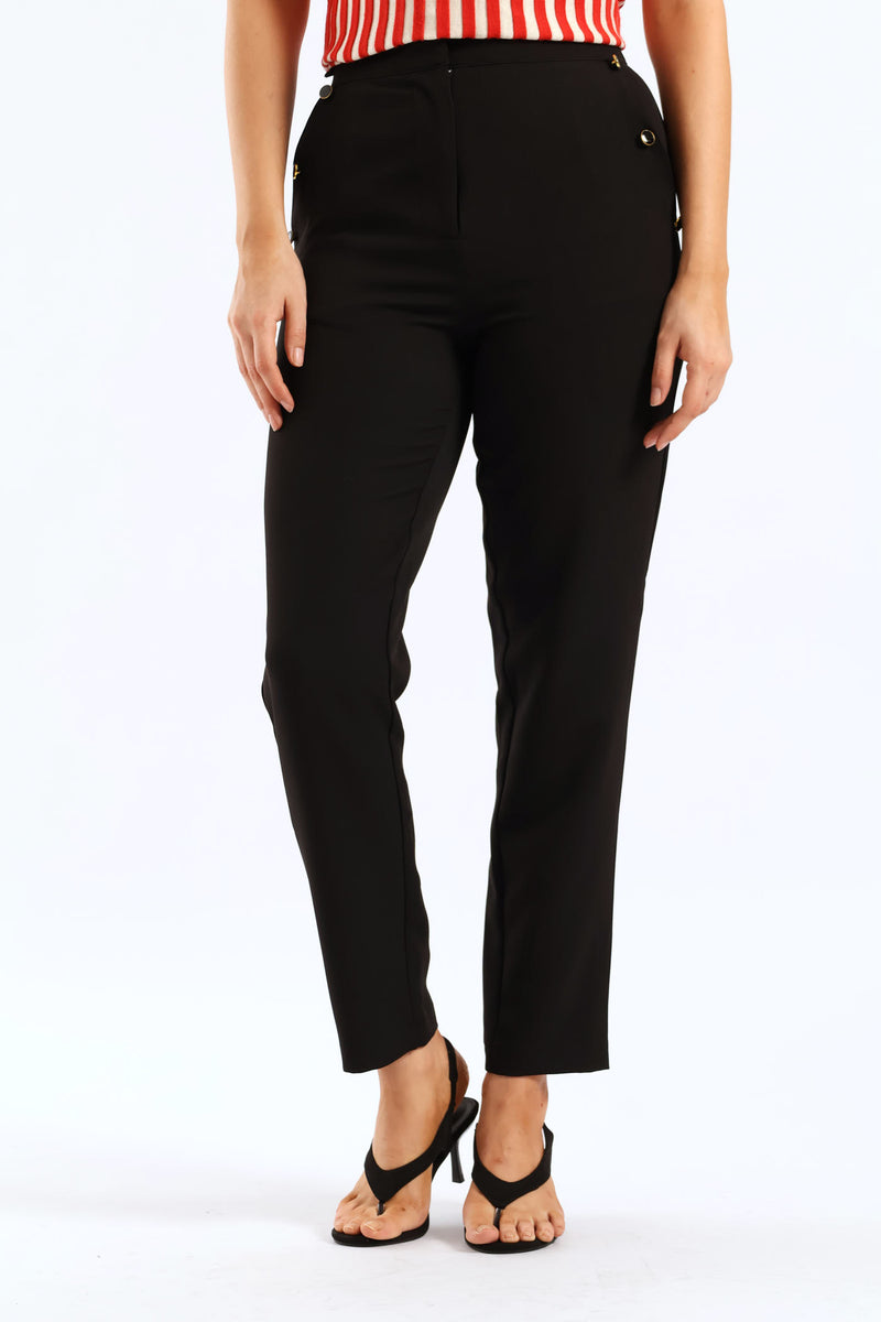 Side Button Tapered Leg Pant - Black