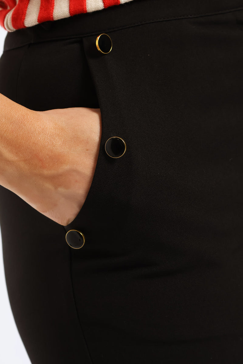 Side Button Tapered Leg Pant - Black