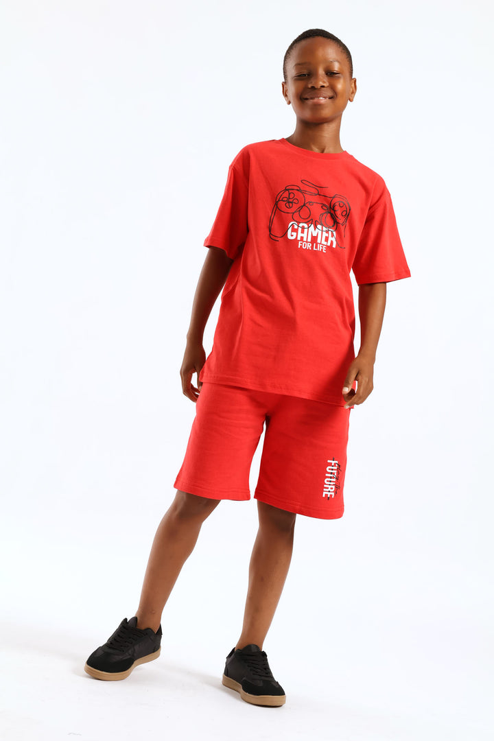 Boys Slogan Fleece Short - Red