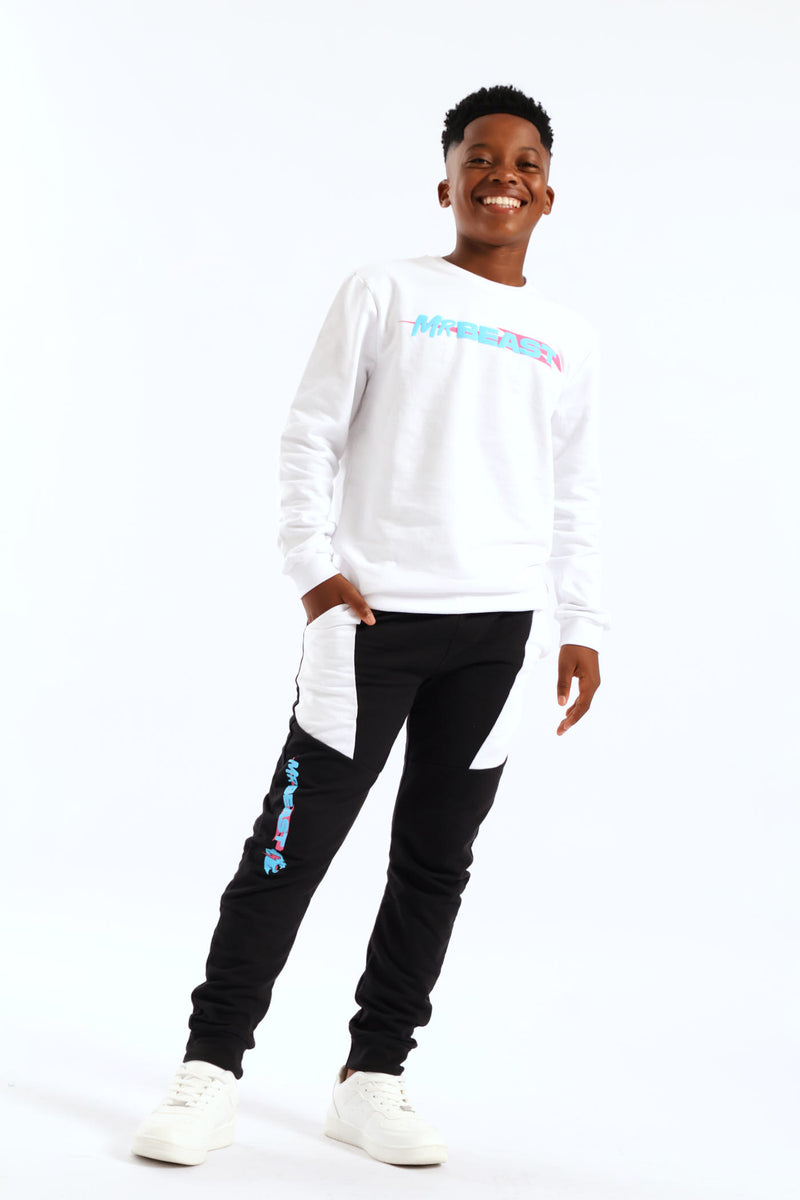 Boys Mr Beast Front & Back Crew Top - White