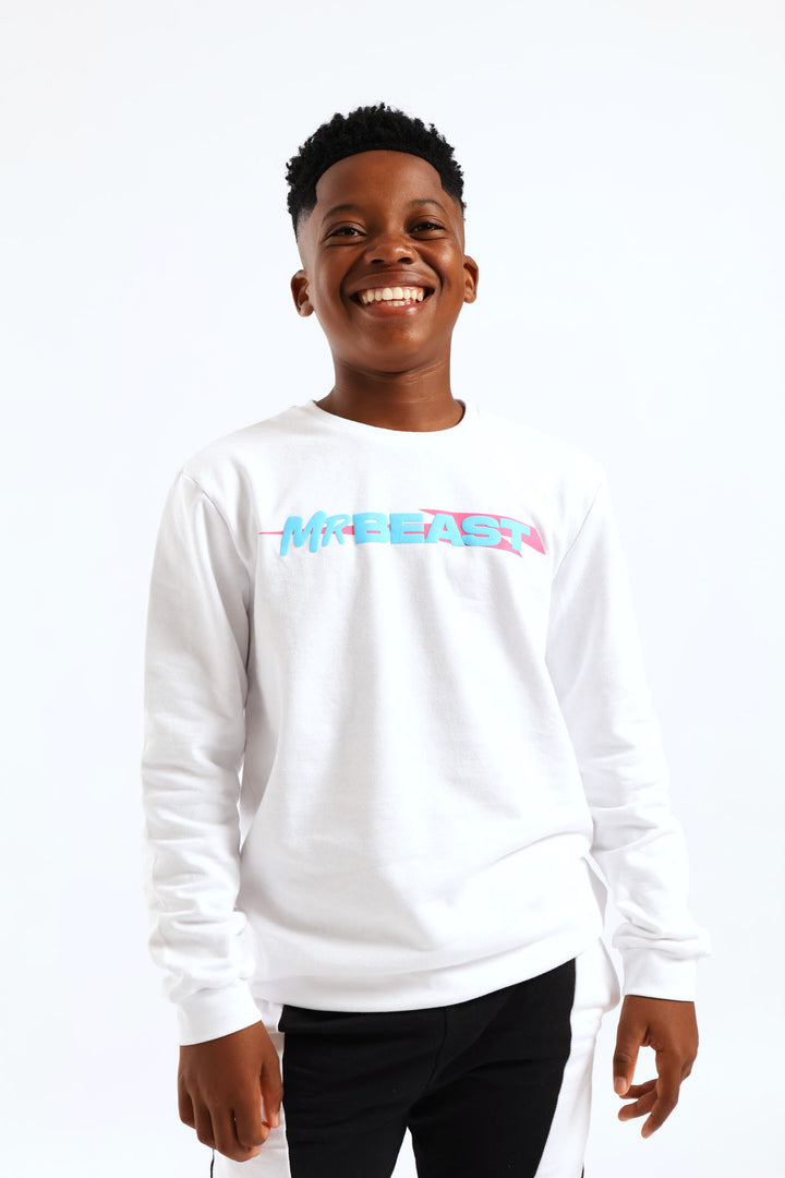 Boys Mr Beast Front & Back Crew Top - White