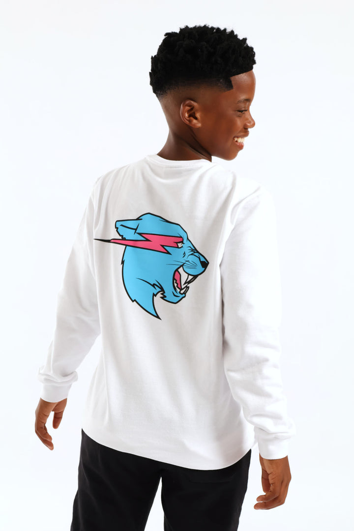 Boys Mr Beast Front & Back Crew Top - White