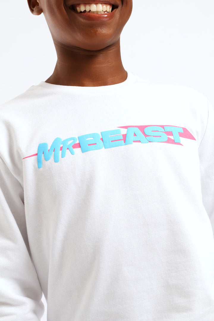 Boys Mr Beast Front & Back Crew Top - White