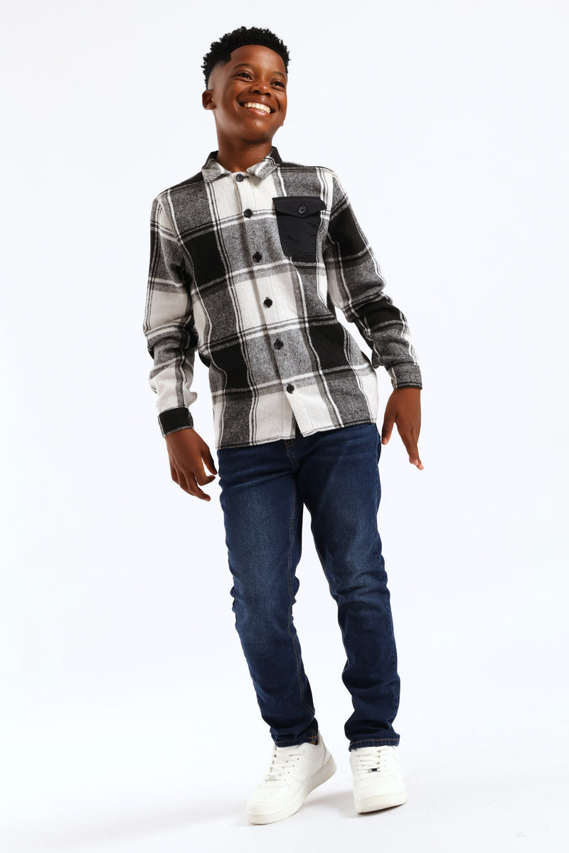 Boys Solid Pocket Flannel Shirt - Black/White