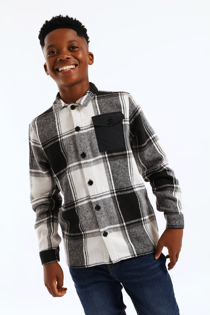 Boys Solid Pocket Flannel Shirt - Black/White