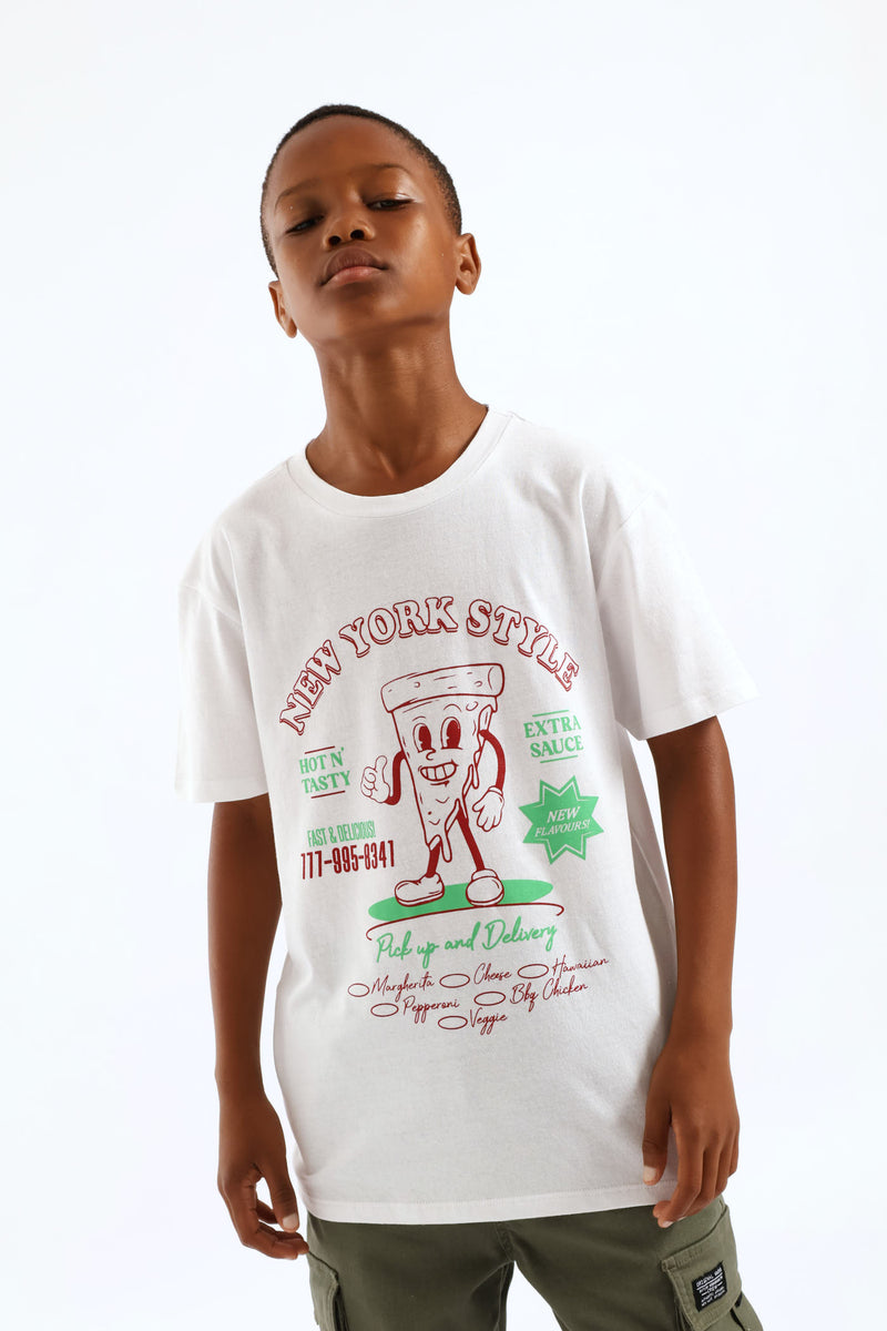 Boys Pizza Print  T-Shirt - White