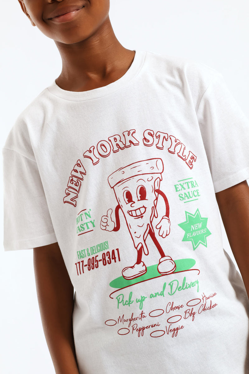 Boys Pizza Print  T-Shirt - White