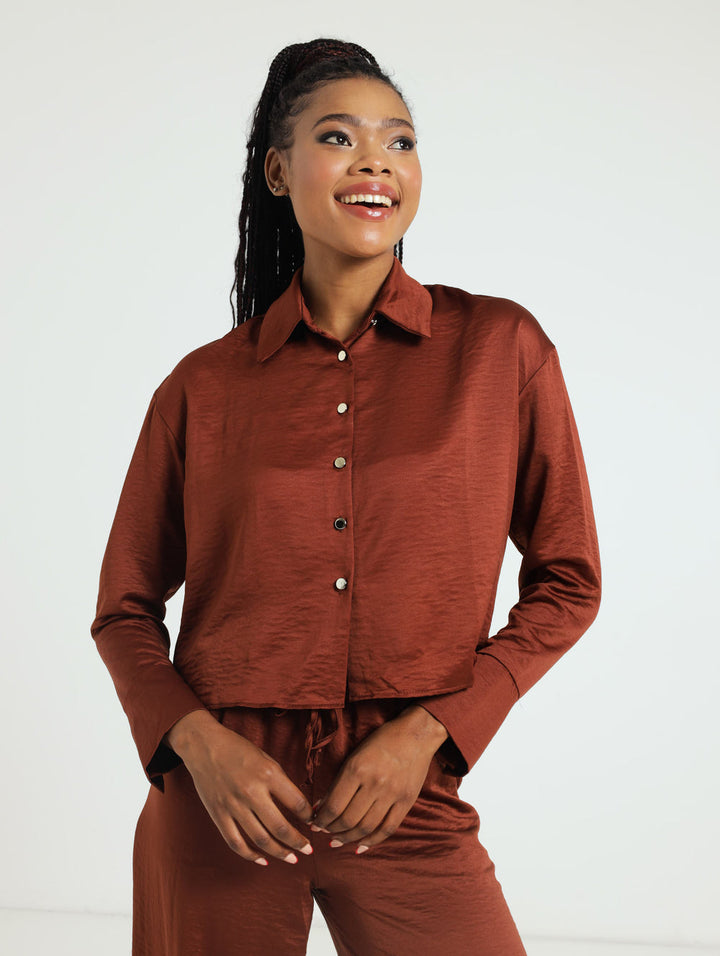 Long Sleeve Satin Shirt - Mahogany