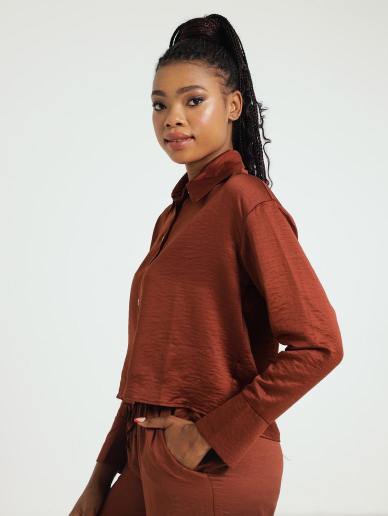 Long Sleeve Satin Shirt - Mahogany