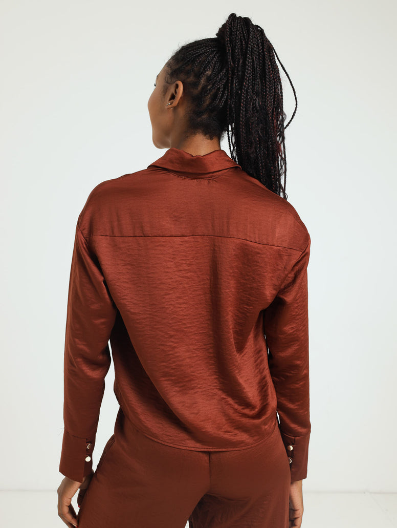 Long Sleeve Satin Shirt - Mahogany