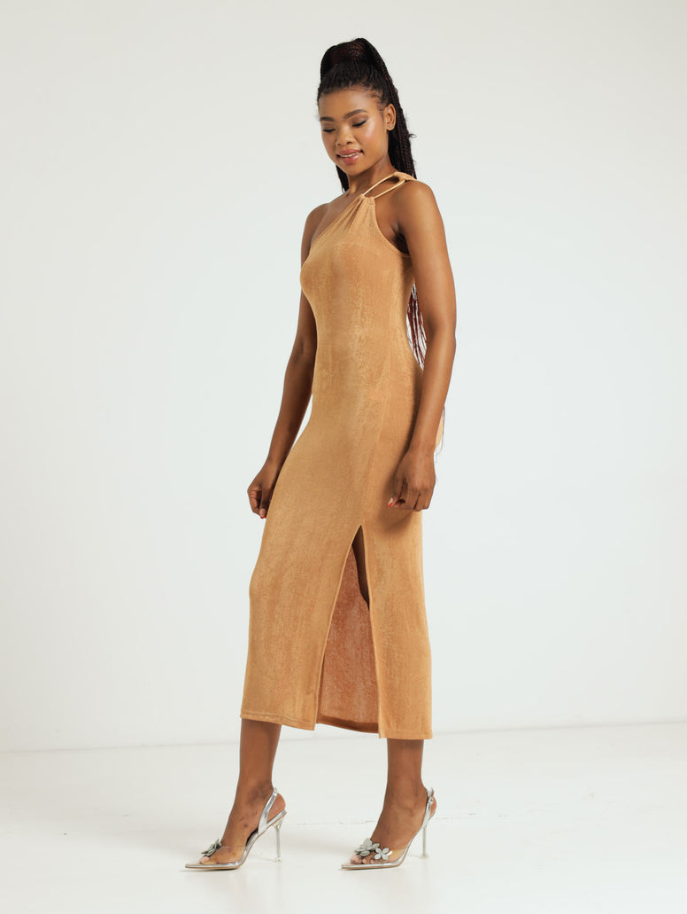 Asymmetrical Trim Detail Bodycon Dress - Tan