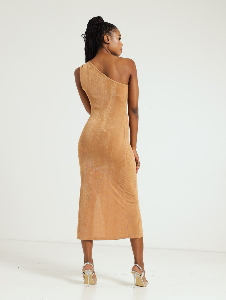 Asymmetrical Trim Detail Bodycon Dress - Tan