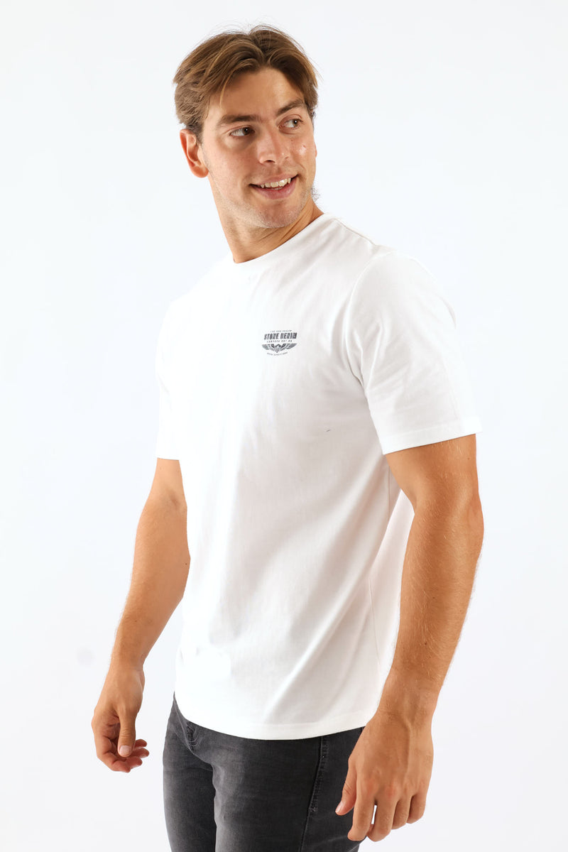 Stone Denim Wings Heavy Weight Chest Print Tee - White