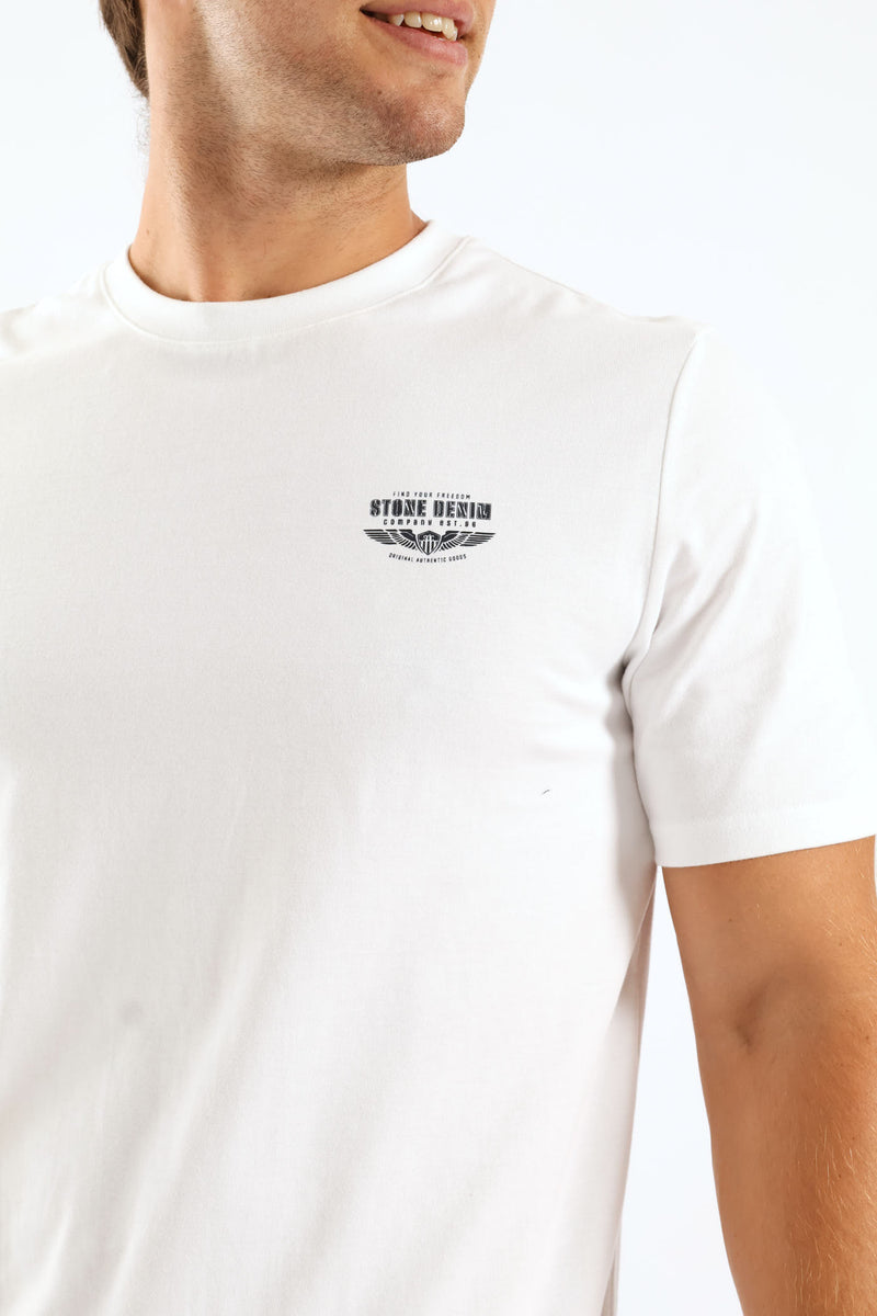 Stone Denim Wings Heavy Weight Chest Print Tee - White