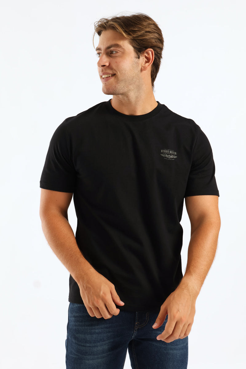 Stone Denim Wings Heavy Weight Chest Print Tee - Black