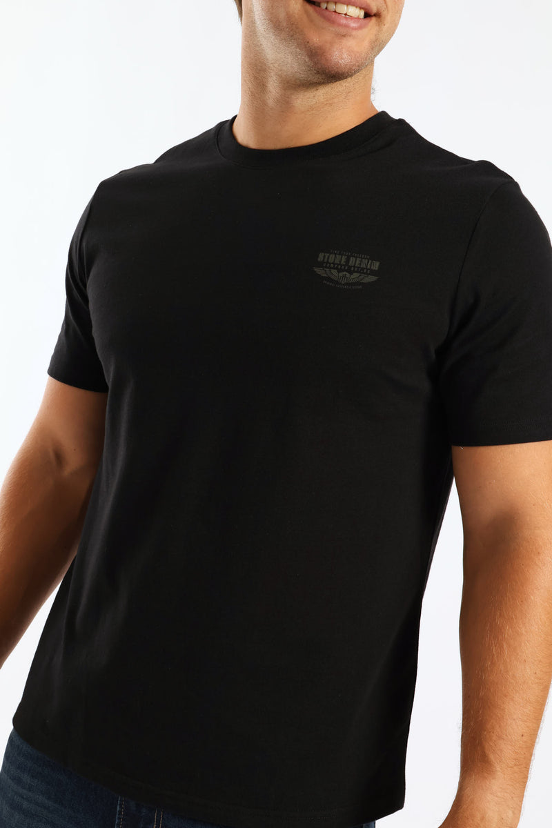 Stone Denim Wings Heavy Weight Chest Print Tee - Black