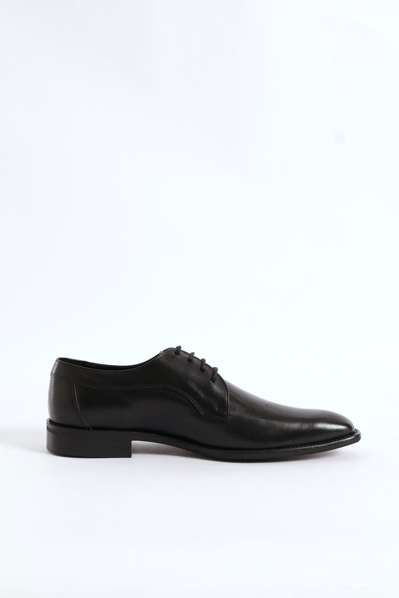 Leather Plain Toe Derby Shoe - Black