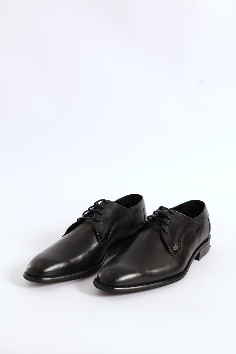 Leather Plain Toe Derby Shoe - Black