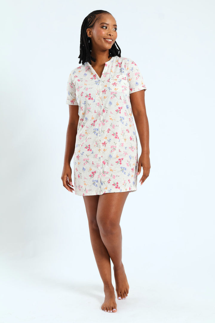 Button Through Knit Sleepshirt - Grey Melange