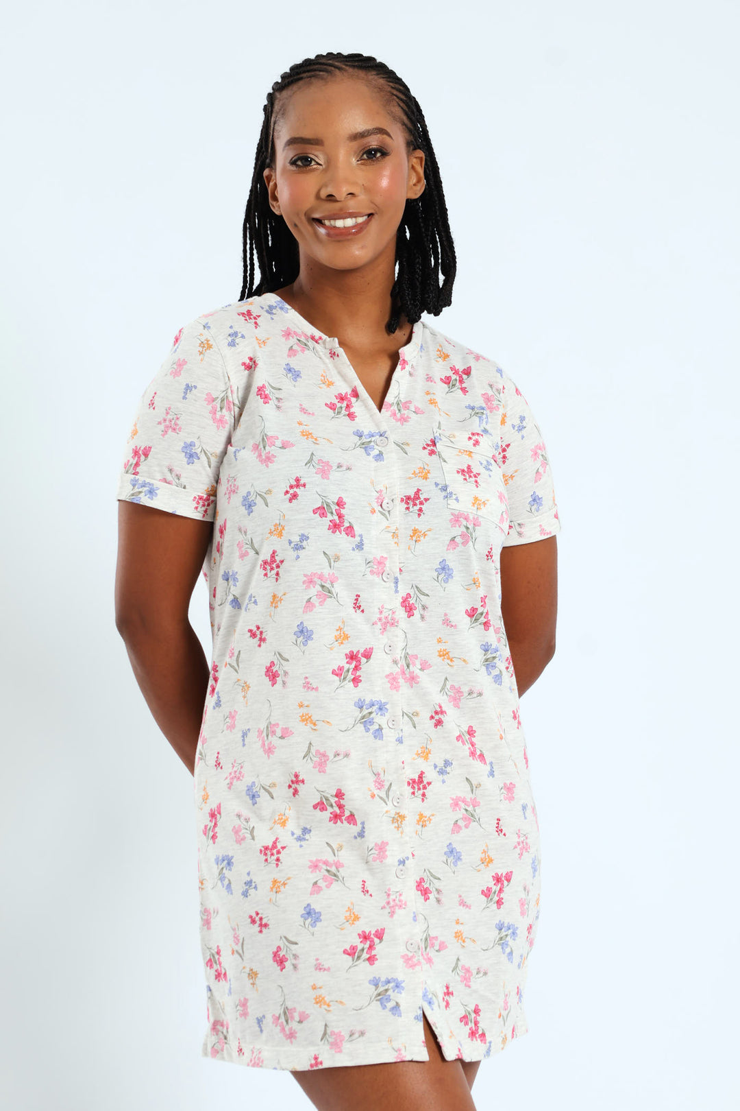 Button Through Knit Sleepshirt - Grey Melange