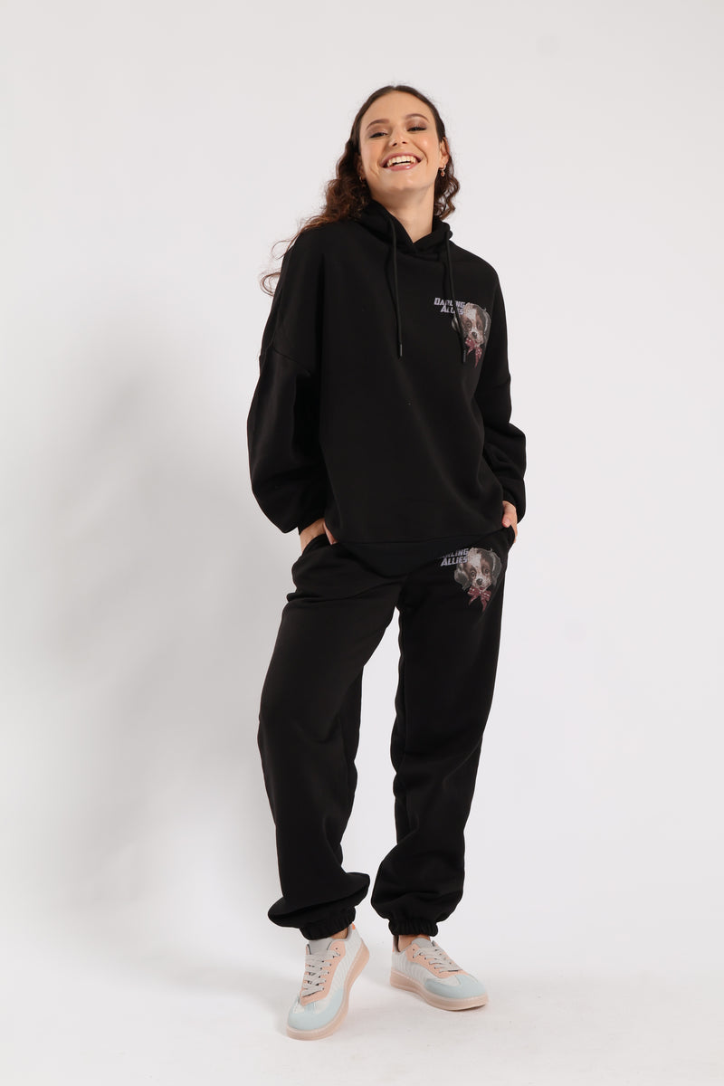Cute Oversized Printed Hoody - Black