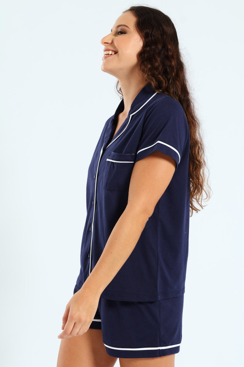 Button Through & Short Knit Set - Navy