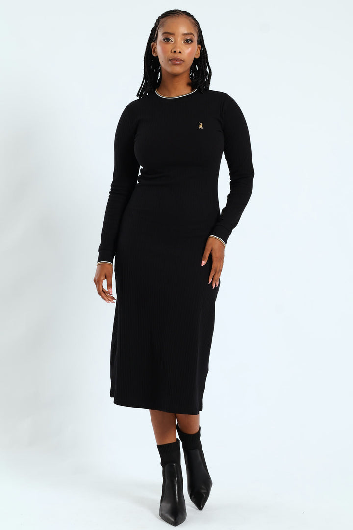 Zoe Long Sleeve Rib Fitted Dress - Black