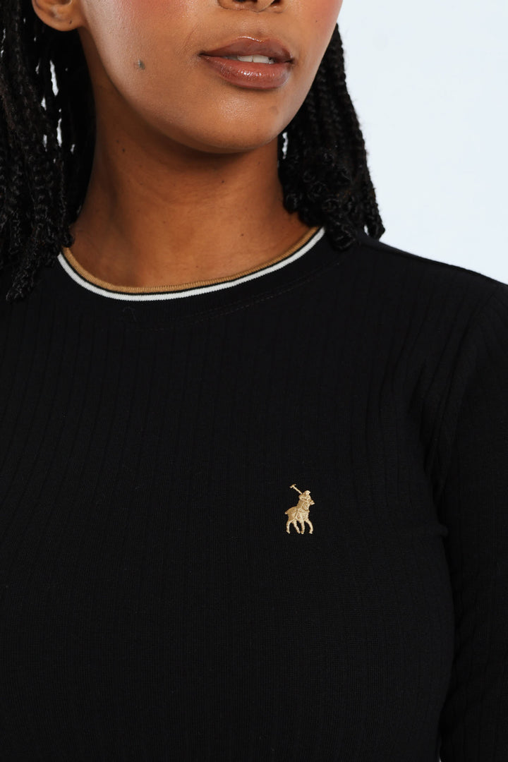 Zoe Long Sleeve Rib Fitted Dress - Black