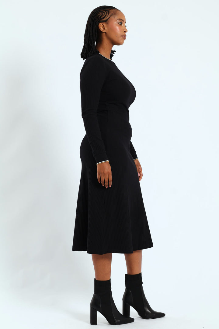 Zoe Long Sleeve Rib Fitted Dress - Black