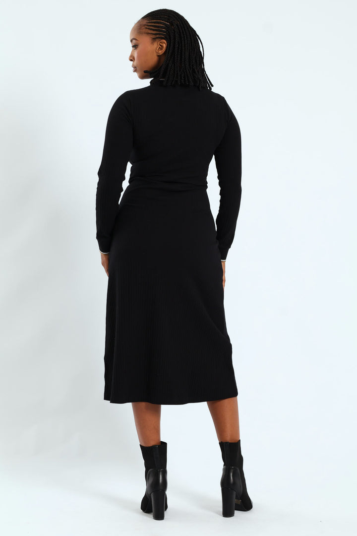 Zoe Long Sleeve Rib Fitted Dress - Black