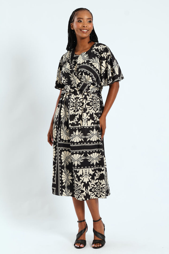 Flutter Sleeve Satn Midi Dress - Black/Cream