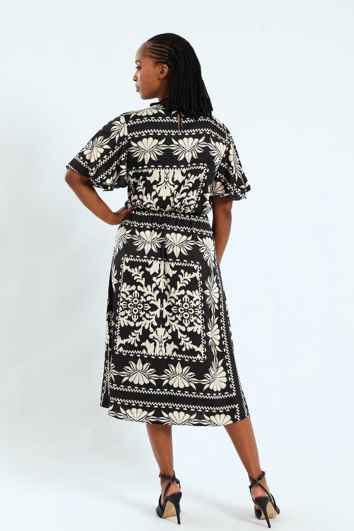 Flutter Sleeve Satn Midi Dress - Black/Cream