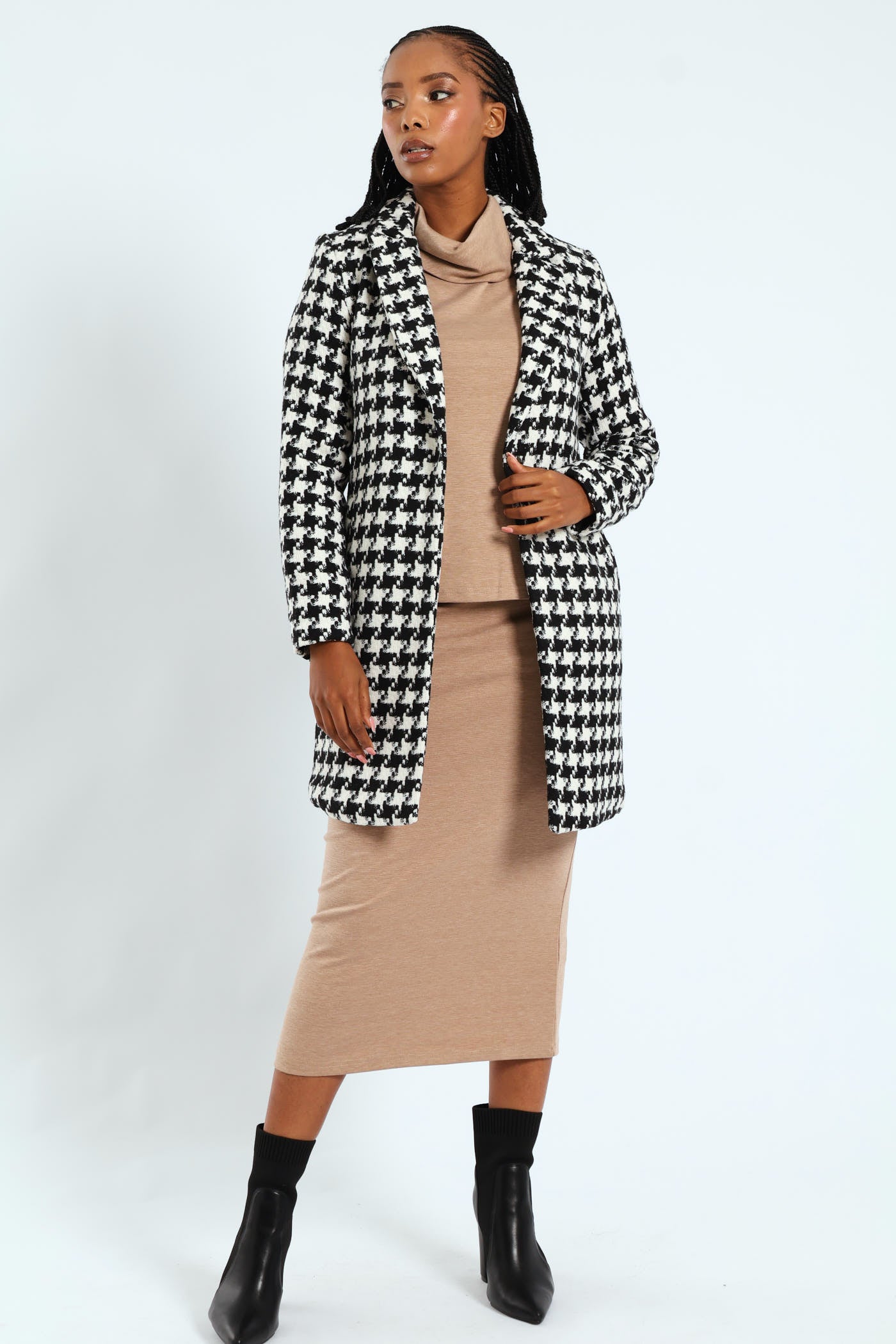 Ladies Charlotte Houndstooth Single Breasted Coat - Black/Cream