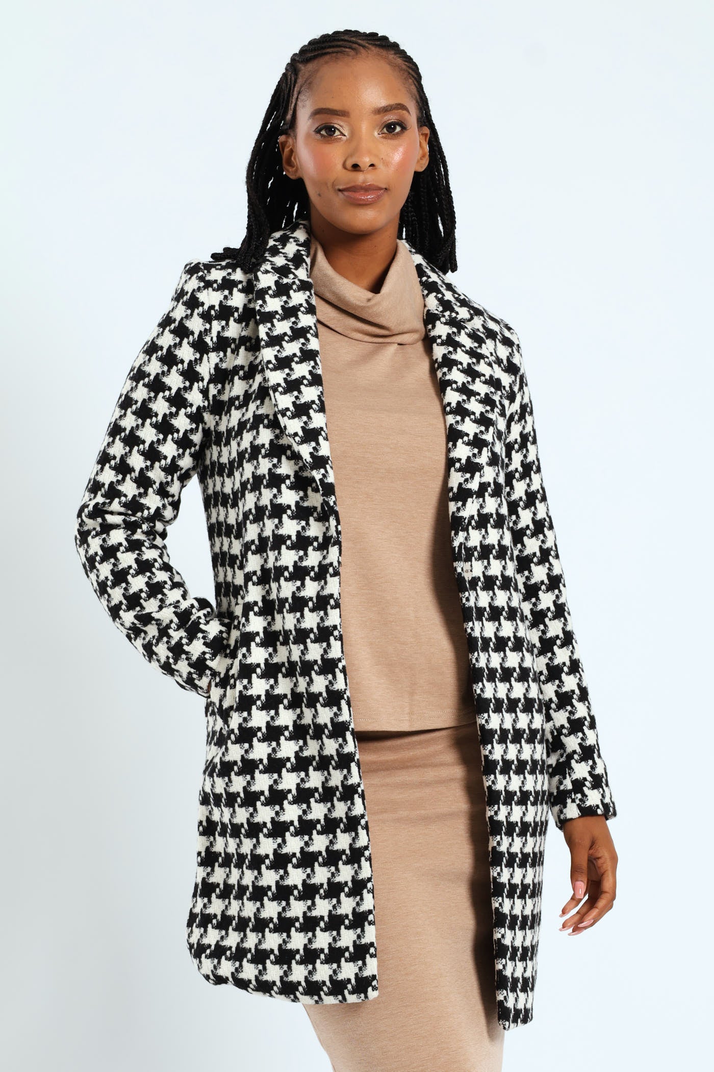 Ladies Charlotte Houndstooth Single Breasted Coat - Black/Cream